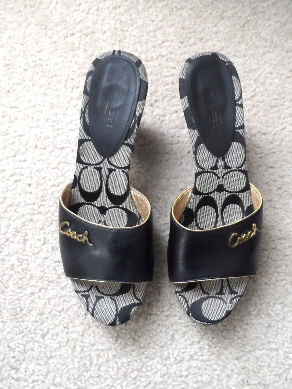 Coach Kathie Slides Black Leather Signature Mid Heel Size 8.5B